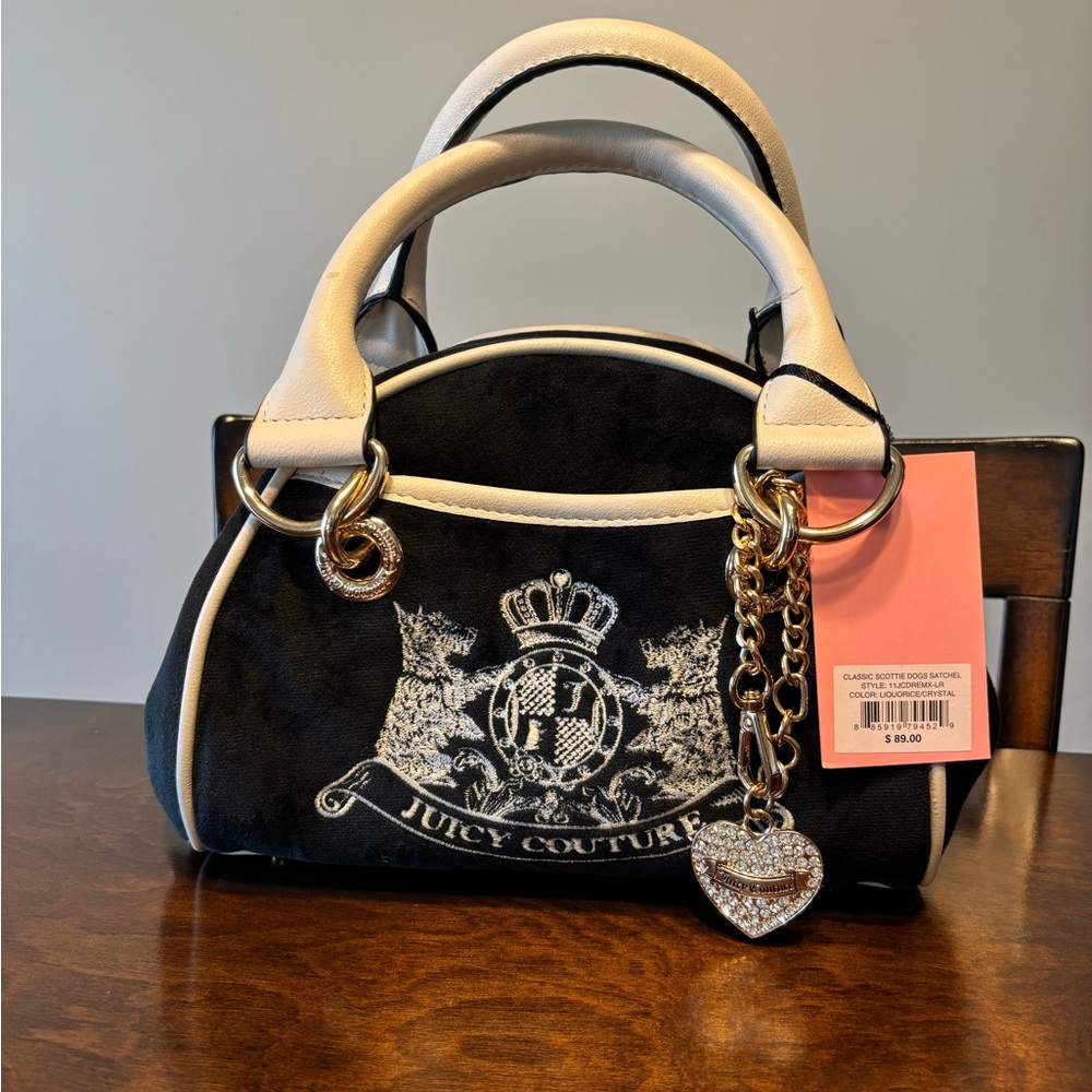 Juicy Couture Black & Cream Satchel with Crest Embroidery